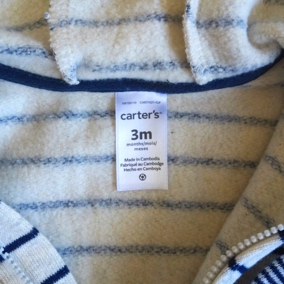 carter's comfy striped fleece-lined zip-up hoodie jumpsuit 3 months baby boy - Picture 5 of 7
